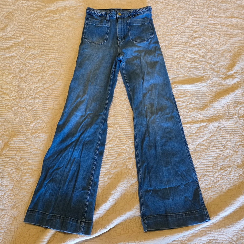 H&M Denim High Waisted Flare Jeans Braided Waist Patch Pockets Size 10 Retro 70s